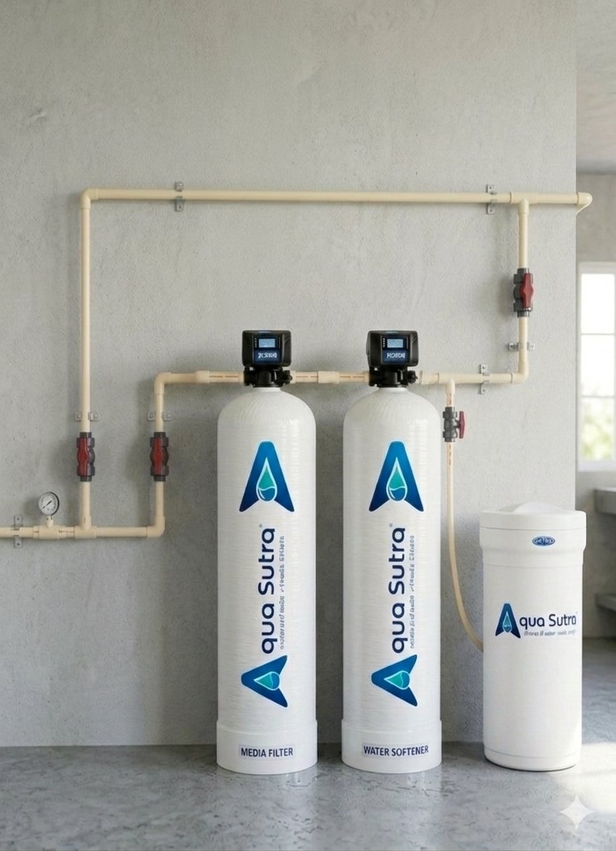 AquaSutra whole-house water treatment plant with media filter, water softener and brine tank