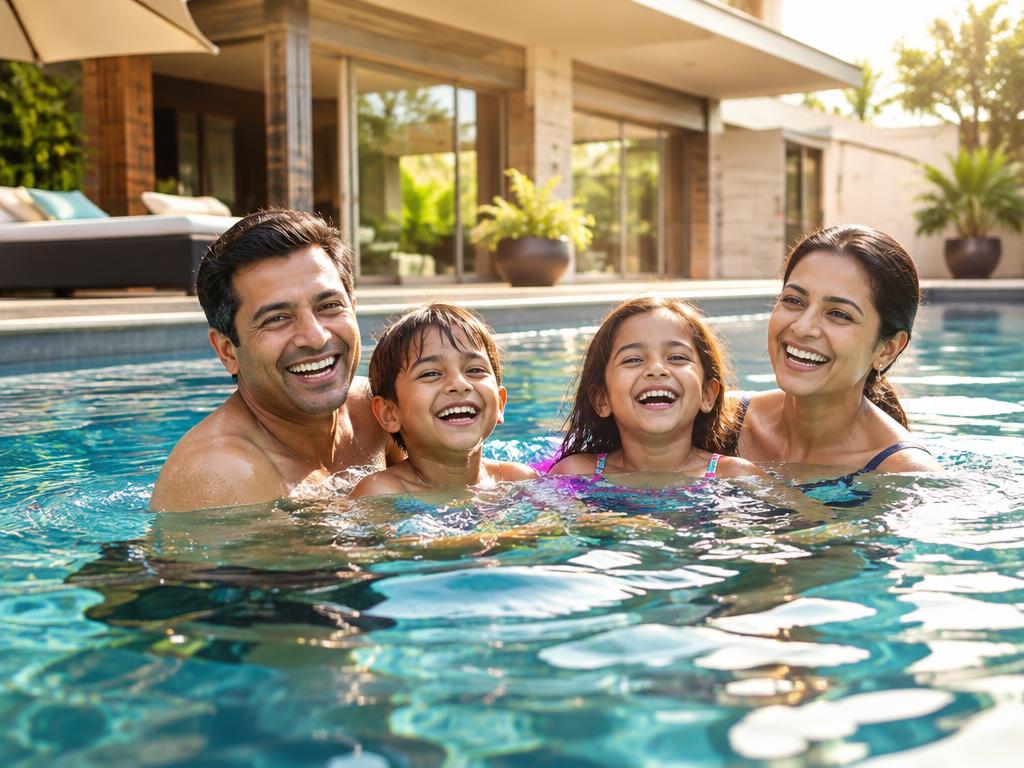 Happy family swimming in their villa pool